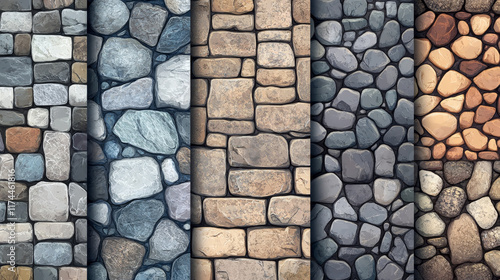 Stone textures of floor and wall for game background. Vector cartoon seamless patterns of pavement or square with cobblestones, rock bricks and blocks, rubble and pebble