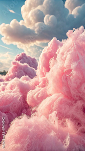 clouds in the blue sky, Colorful pink fluffy cotton candy background, soft color sweet candyfloss, abstract blurred dessert texture