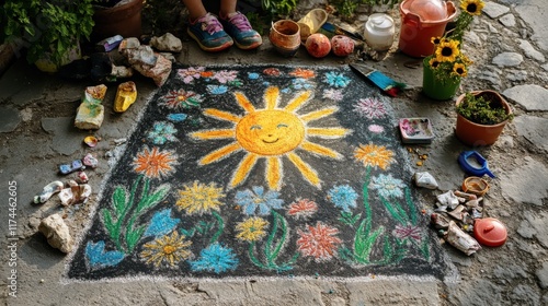 A child's chalk drawing of the sun and flowers for Spring Equinox