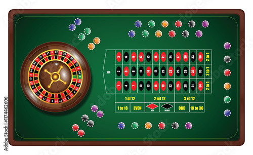 Set illustration of roulette wheel and betting table layout. The image features a roulette wheel on the left, a detailed betting grid on the right, and colorful poker chips scattered across the green