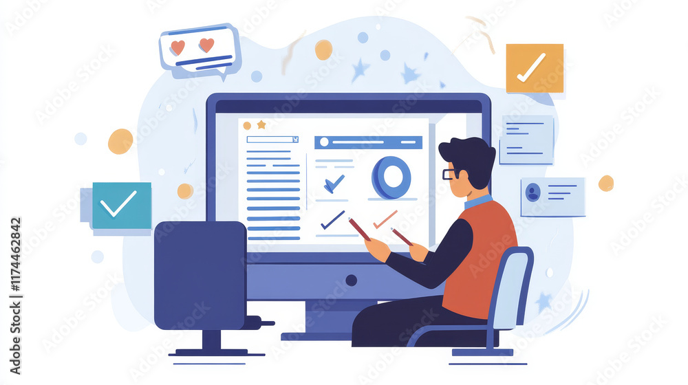 Check list isometric landing page. Business man conduct online survey, paper document go out of pc screen with ticks. Digital checklist, questionnaire, feedback service 3d vector line art web banner