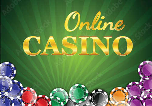 An illustrtation of online casino promotional image featuring the words "Online Casino" in bold, golden letters set against a green radial background. Colorful poker chips in various colors, including