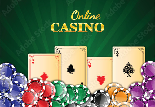 Set illustration of online casino setting, featuring four aces (diamonds, clubs, hearts, spades) and a variety of colorful poker chips. The background has a green gradient with "Online Casino" text in