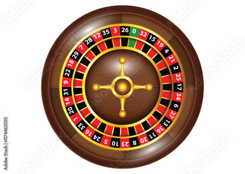 An illustration of  classic casino roulette wheel, featuring red, black, and green numbered sections and a golden spindle at the center. The image captures the traditional design of a European-style