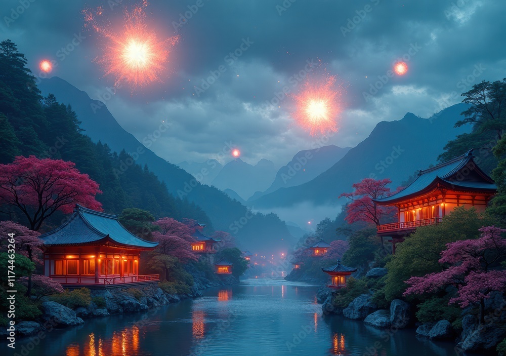 Captivating twilight in a serene mountain village with illuminated festivities Captivating twilight in a serene mountain village with illuminated festivities