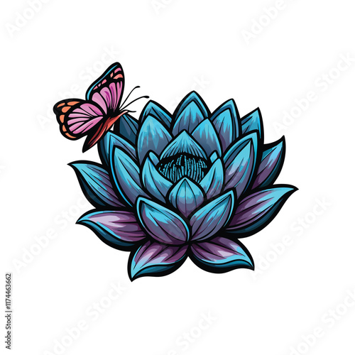 A meticulously rendered illustration of a vibrant blue butterfly perched delicately on a blossoming lotus flower. photo