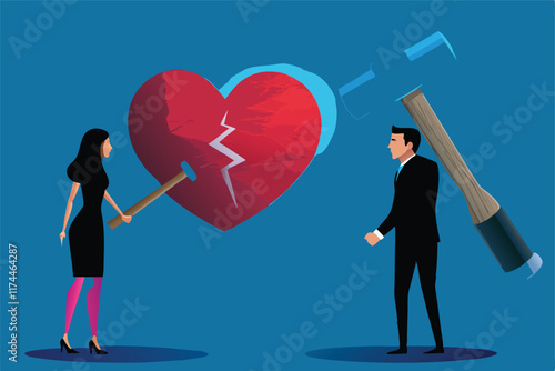 A couple arguing with a broken heart and a silhouette of a judge in the background, symbolizing the potential for divorce and the painful consequences of marital conflict.