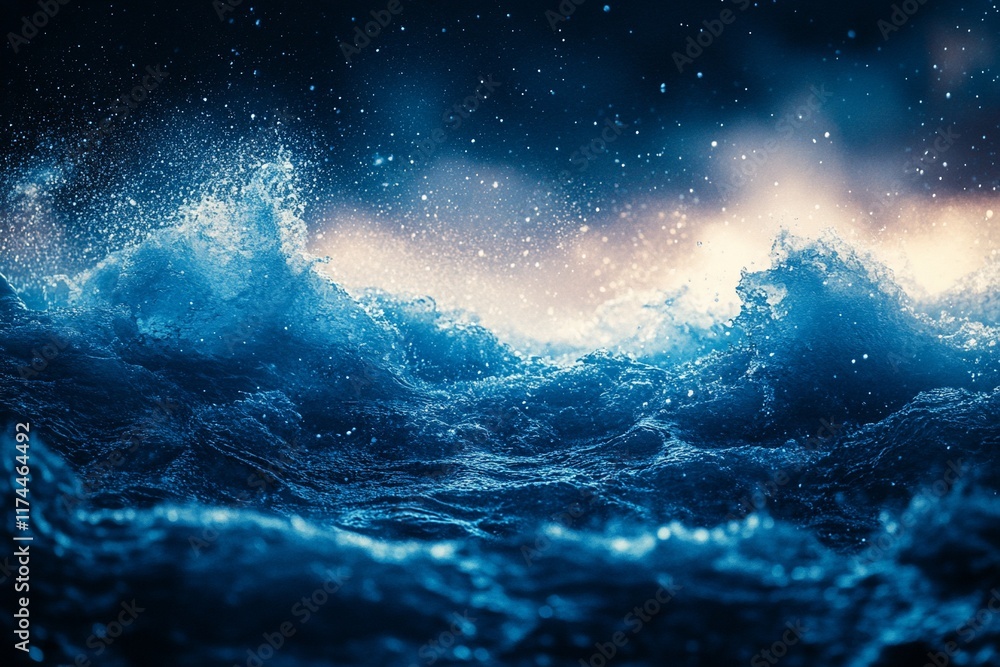 Dramatic ocean waves at night under a starry sky. Dramatic ocean waves at night under a starry sky.