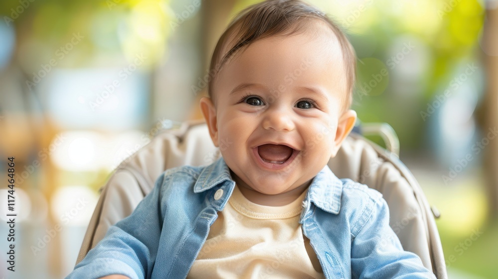 A joyful baby smiles brightly in a stroller, surrounded by greenery, capturing a moment of innocence and happiness. A joyful baby smiles brightly in a stroller, surrounded by greenery, capturing a moment of innocence and happiness.