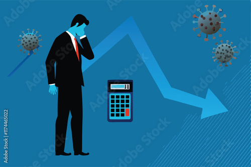 A conceptual illustration depicting the economic impact of the COVID-19 pandemic on businesses, with elements representing lost revenue, closed doors, and struggling entrepreneurs.