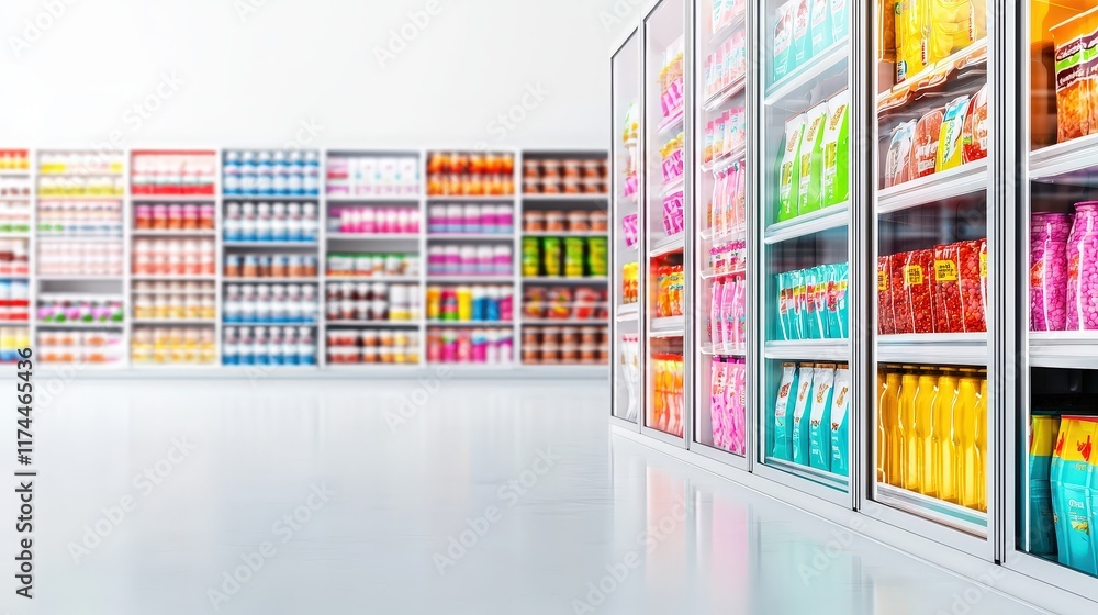 Naklejka premium Frozen food section with visible doors and colorful packaging, white backdrop