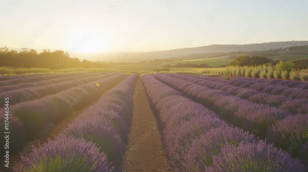 Serene Sunset Over Lavender Fields, Capturing the Beauty of Nature with Vibrant Purple Blossoms, Rolling Green Hills, and a Warm Golden Glow in the Sky Serene Sunset Over Lavender Fields, Capturing the Beauty of Nature with Vibrant Purple Blossoms, Rolling Green Hills, and a Warm Golden Glow in the Sky