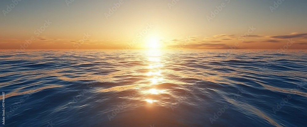 Serene ocean sunset with golden sun reflecting on calm waves. Serene ocean sunset with golden sun reflecting on calm waves.
