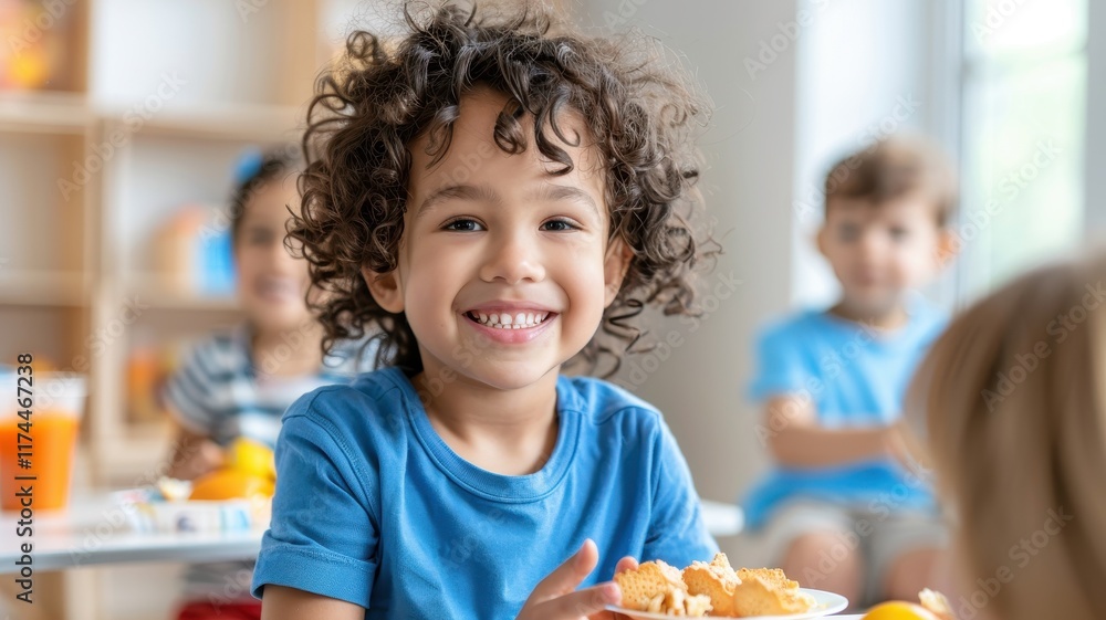 A cheerful child with curly hair enjoys a snack in a bright classroom filled with other kids. A cheerful child with curly hair enjoys a snack in a bright classroom filled with other kids.