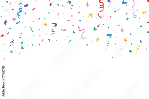 Colorful ribbons and confetti isolated on a white background. Multicolor tinsel and confetti design vector for birthday celebration. Confetti and ribbon for party, birthday, festival, and anniversary.