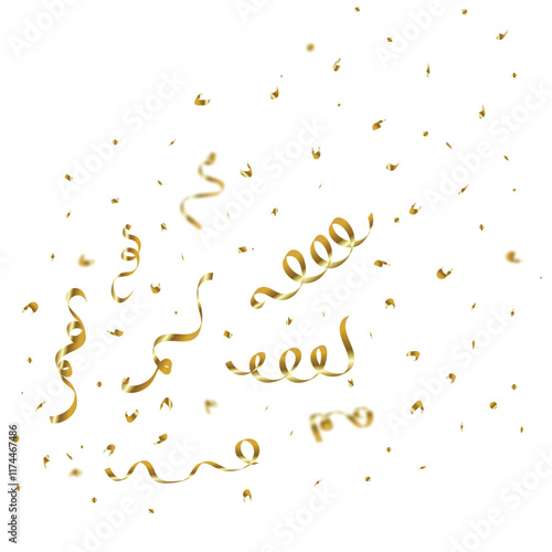 Shiny golden confetti and ribbon explosion on a white background. Birthday party celebration or decoration element. Gold foil and confetti vector for party, festival, and anniversary celebrate.