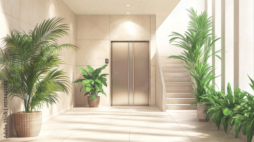 Empty hallway interior with open elevator doors and stairs. Vector cartoon illustration of office lobby, hotel hall, corridor in house with lift, staircase and plants Empty hallway interior with open elevator doors and stairs. Vector cartoon illustration of office lobby, hotel hall, corridor in house with lift, staircase and plants