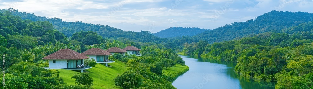 Lush green landscape featuring serene river and charming cottages nestled among hills under a clear sky. Lush green landscape featuring serene river and charming cottages nestled among hills under a clear sky.