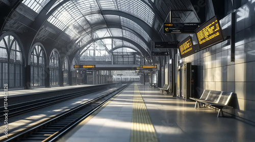 Railway station, empty railroad platform for train with glass dome, morris billboard pillar, arrival boards and benches, passengers waiting area, public transportation Cartoon vector illustration