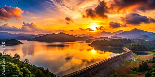 Banasura Sagar Dam Silhouette, Wayanad, Kerala, India: Panoramic View of Second Largest Earthen Dam in Asia