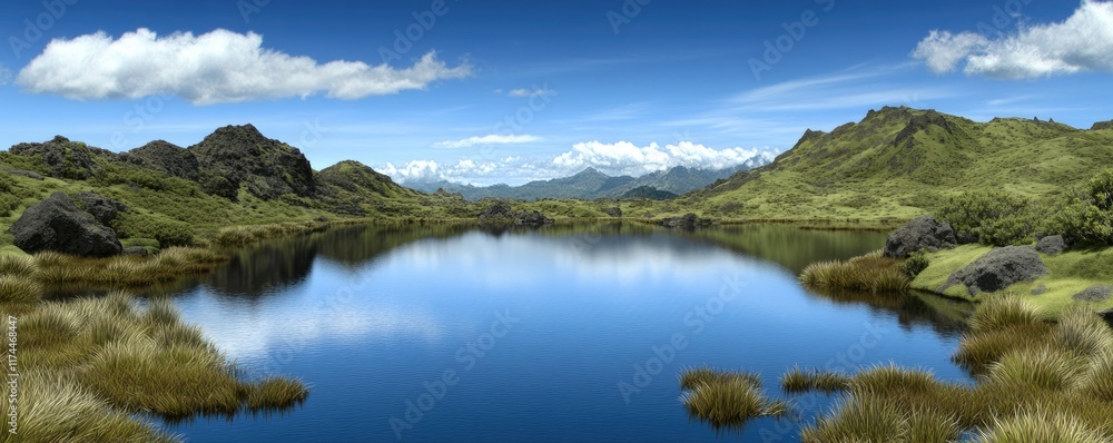 A serene landscape featuring a calm lake surrounded by lush greenery and mountains. A serene landscape featuring a calm lake surrounded by lush greenery and mountains.