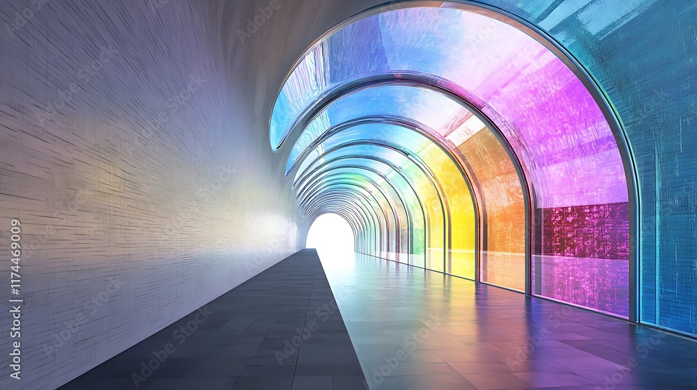 Spiral tunnel with transparent glass surfaces refracting colorful ambient light
