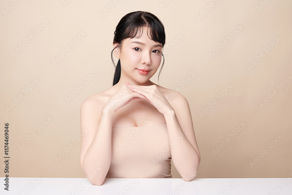 Obraz premium Beautiful young asian woman with clean fresh skin on beige background, Face care, Facial treatment, Cosmetology, beauty and spa, Asian women portrait.