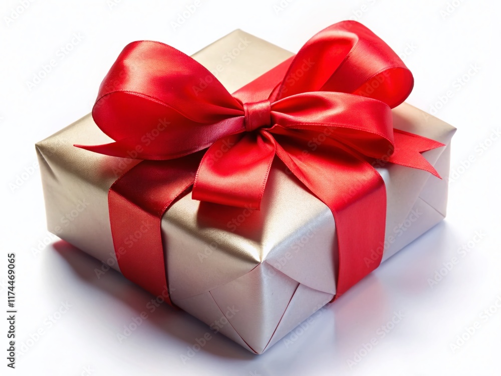 Fototapeta premium Beautifully Wrapped Gift with Red Ribbon and Bow on White Background - Perfect for Special Occasions
