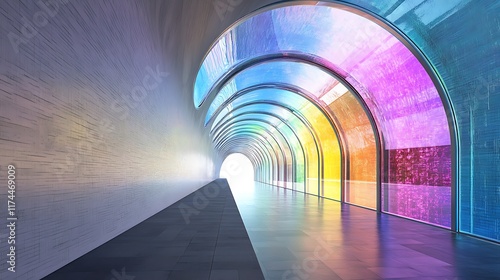 Obraz na płótnie Spiral tunnel with transparent glass surfaces refracting colorful ambient light w salonie