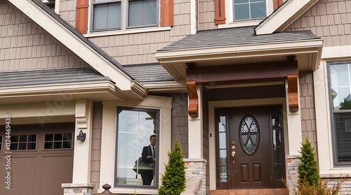 Fototapeta Naklejka Na Ścianę i Meble -  Residential House Exterior with Gray Siding and Brown Door