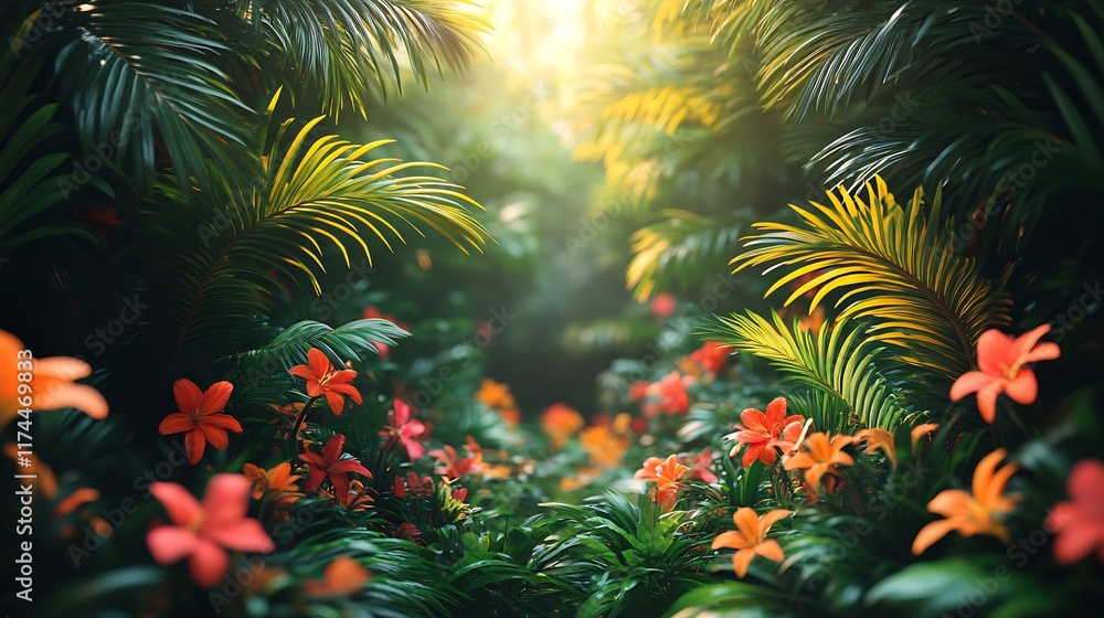 Lush Tropical Paradise: Vibrant 3D Render of Sunlit Jungle Path. AI Generated Lush Tropical Paradise: Vibrant 3D Render of Sunlit Jungle Path. AI Generated