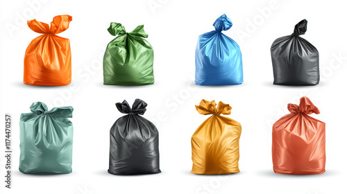 Black plastic garbage bags, trash bin rolls for rubbish, vector realistic mockup. Garbage bags or wastes polyethylene trashbags in rolls, empty and full tied dustbin recycle package photo