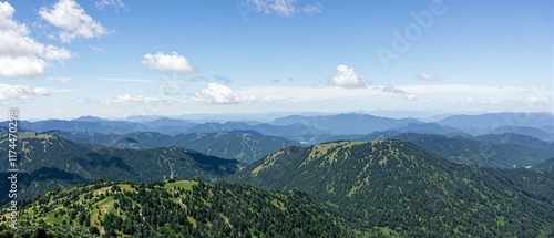 Aerial drone flight over peaks and ridges mountain hills covered by green forest,