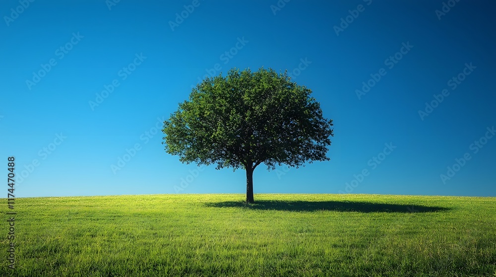 A lone tree stands tall in a vast open field under a brilliant blue sky creating a tranquil and serene landscape A lone tree stands tall in a vast open field under a brilliant blue sky creating a tranquil and serene landscape