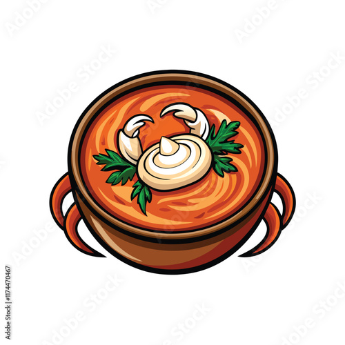 A photorealistic vector illustration of a steaming bowl of creamy crab bisque with a swirl of bright orange crabmeat on top.