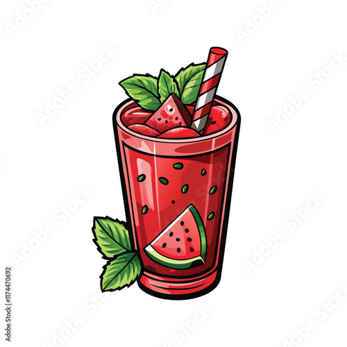 Create a realistic vector illustration of a frosty watermelon slushie in a clear glass with condensation dripping down the sides.