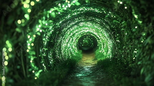 Organic spiral tunnel made of glowing intertwined vines illuminated in green tones photo