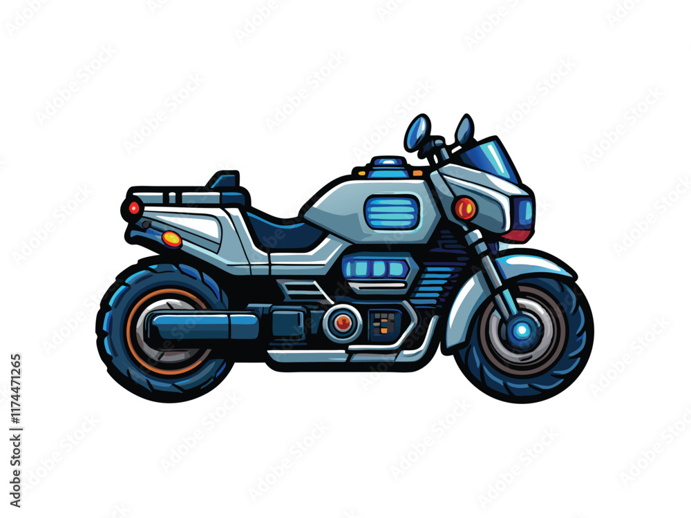 A hyper-realistic vector illustration of a futuristic police motorcycle, showcasing sleek lines, advanced technology, and a powerful engine. A hyper-realistic vector illustration of a futuristic police motorcycle, showcasing sleek lines, advanced technology, and a powerful engine.