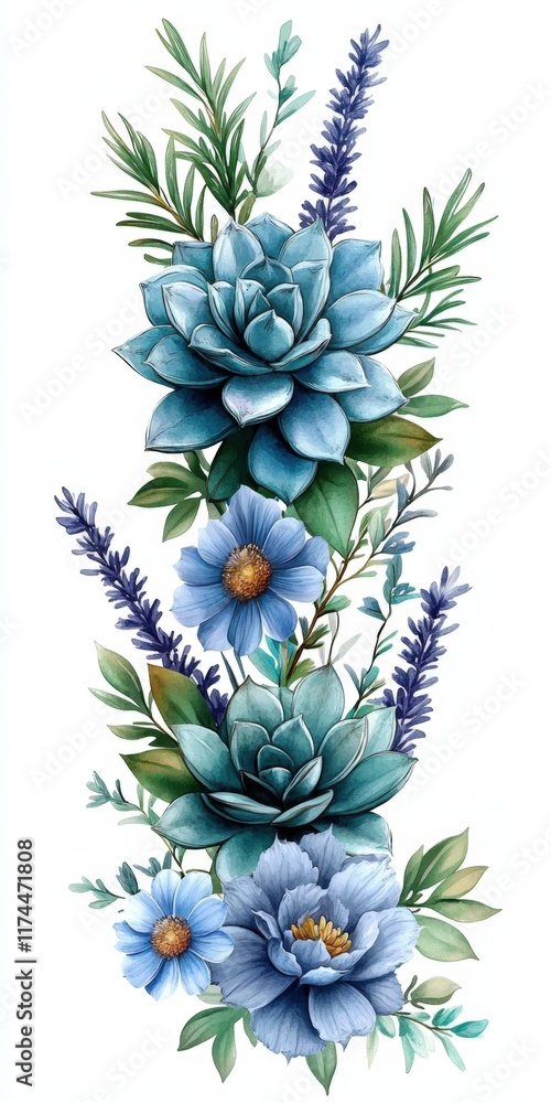 Fototapeta premium Elegant blue floral arrangement with succulents, lavender, and daisies.