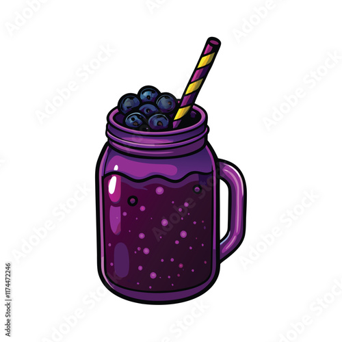 Create a realistic vector illustration of an acai berry smoothie in a glass with a vibrant purple hue, featuring a tropical leaf garnish and a straw.