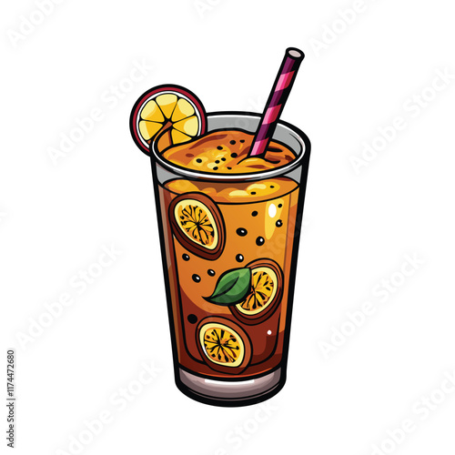 A photorealistic vector illustration of a tall glass filled with passionfruit iced tea, featuring a vibrant yellow hue and a distinct passionfruit pulp swirling throughout the beverage.