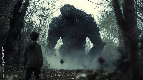 Wallpaper Mural Dark Forest Encounter: Boy and a Mysterious Monster Torontodigital.ca