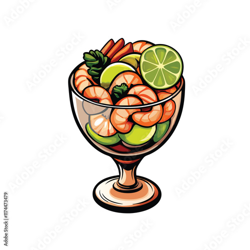Create a realistic vector illustration of a vibrant seafood ceviche featuring fresh shrimp, lime juice, onions, cilantro, and other traditional ingredients.