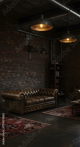 Wallpaper Mural An industrial loft-style living room with exposed brick walls, metal lighting fixtures, and a leather couch Torontodigital.ca