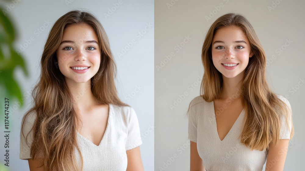 Young girl wearing a skirt, smiling, long hair, big eyes, Young girl wearing a skirt, smiling, long hair, big eyes,