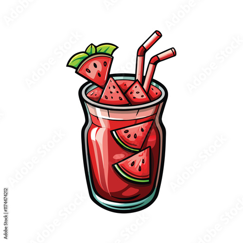 A realistic vector illustration of a watermelon cooler filled with ice cubes and a refreshing beverage, perfect for summer.