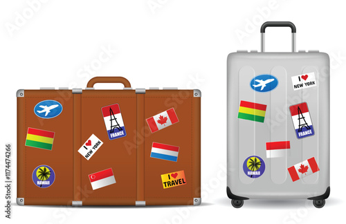 Set illustration of two travel suitcases decorated with various destination stickers. The brown suitcase and the silver rolling suitcase are covered in stickers representing popular travel destination