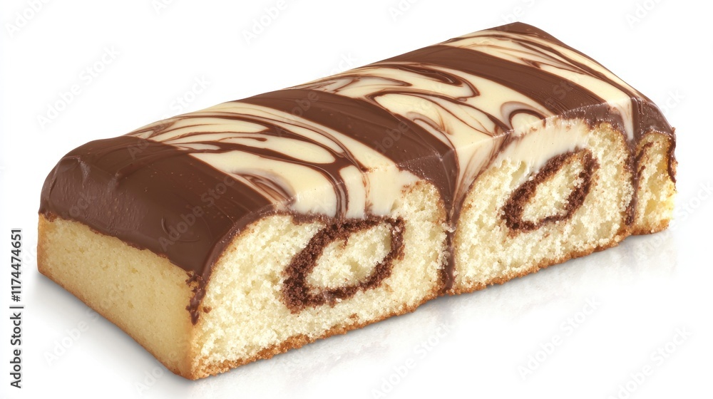 A sliced cake with a chocolate coating and swirled design. A sliced cake with a chocolate coating and swirled design.