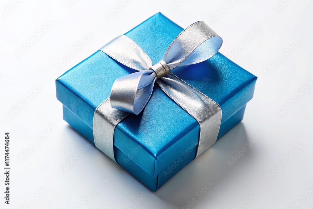 Obraz premium Blue Gift Box with Silver Ribbon - Elegant Present on White Background for Design