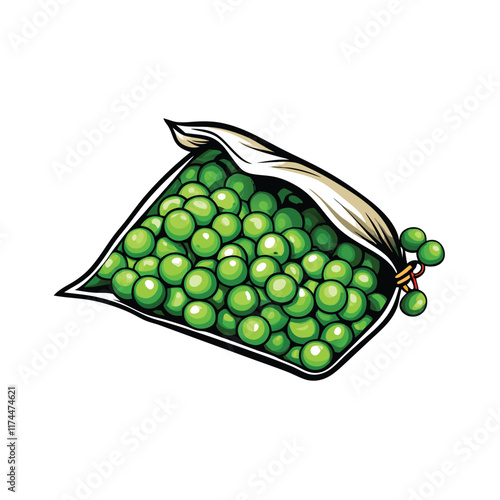 A hyperrealistic vector illustration of a bag of frozen peas, open to reveal the vibrant green peas inside. The bag should have realistic wrinkles and condensation droplets.